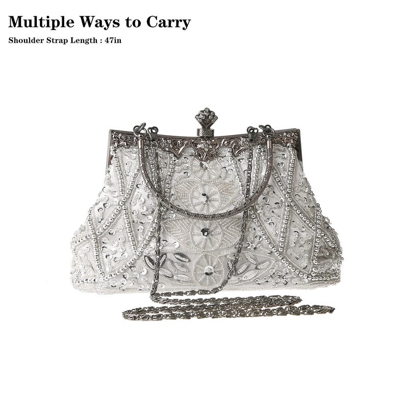 DA BODAN Women's Evening Bag Vintage Beaded Sequin Pearl Clutch Handbag Shoulder Bag Purses for Wedding Bridal Prom Party (Silver) - Image 4